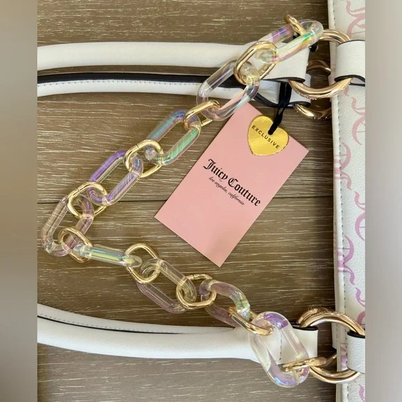 NWT Juicy Couture Bling Logo Tote Bag Pink White Chain Handle Purse HTF - Picture 12 of 14
